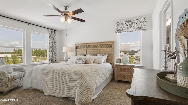 carpeted bedroom with ceiling fan and multiple windows