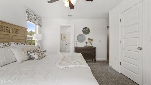 carpeted bedroom with ceiling fan