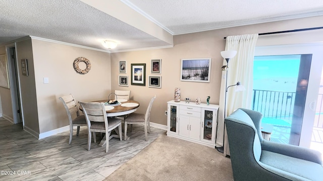 dining area with light carpet, crown molding, and a textured ceiling