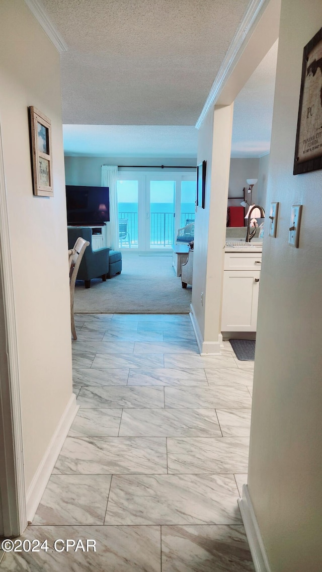 hall with ornamental molding, sink, a textured ceiling, and light colored carpet