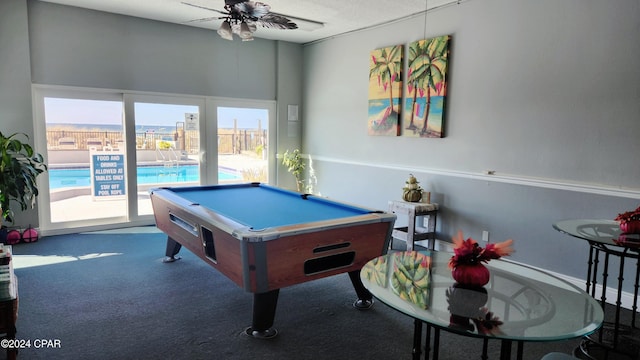 recreation room featuring billiards, carpet flooring, and ceiling fan