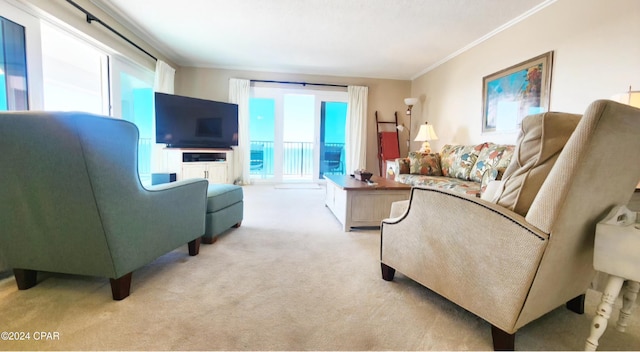 carpeted living room featuring ornamental molding