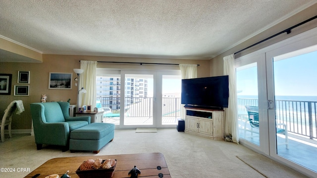 living room with a healthy amount of sunlight, a textured ceiling, carpet floors, and ornamental molding