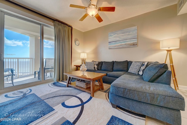 living room featuring ceiling fan