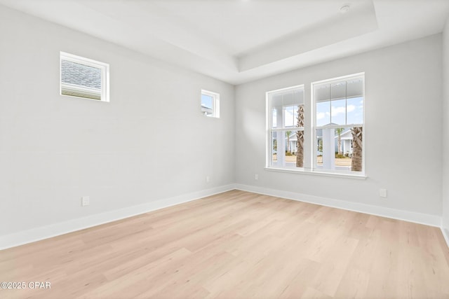 unfurnished room with light hardwood / wood-style flooring and a tray ceiling