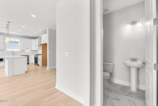 bathroom featuring wood-type flooring, toilet, and sink