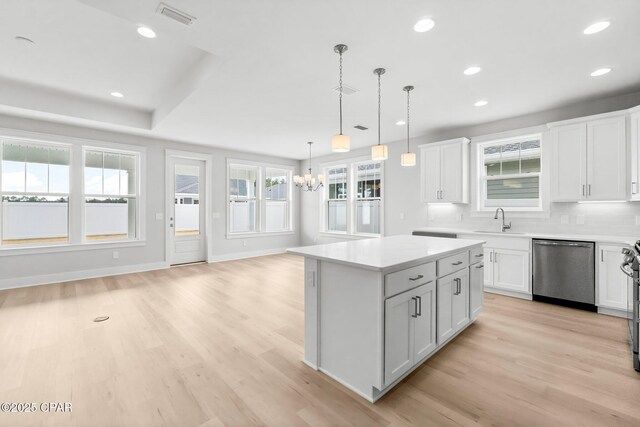 kitchen with a kitchen island, pendant lighting, sink, white cabinets, and stainless steel dishwasher