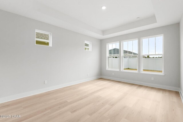 spare room with light hardwood / wood-style flooring and a raised ceiling