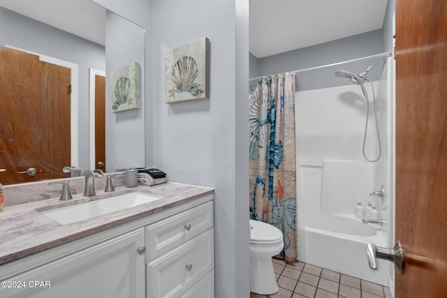 full bathroom with tile patterned flooring, vanity, toilet, and shower / tub combo with curtain