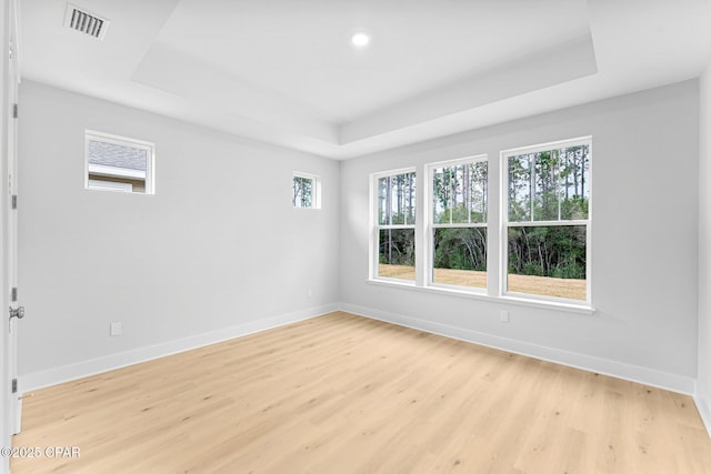 empty room with light wood-type flooring and a tray ceiling