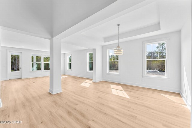 unfurnished living room with a tray ceiling, light hardwood / wood-style floors, and a healthy amount of sunlight