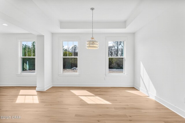 unfurnished dining area featuring a raised ceiling, a healthy amount of sunlight, and light hardwood / wood-style flooring