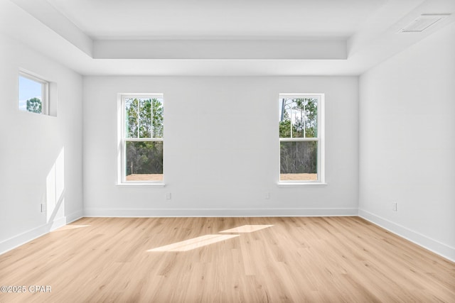 spare room with a healthy amount of sunlight, a raised ceiling, and light hardwood / wood-style floors