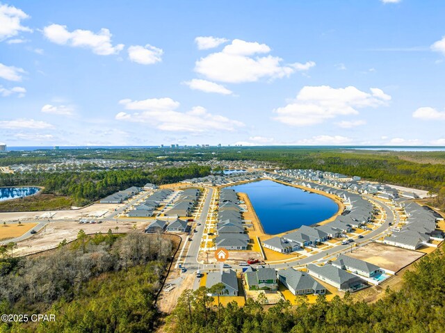 drone / aerial view featuring a water view