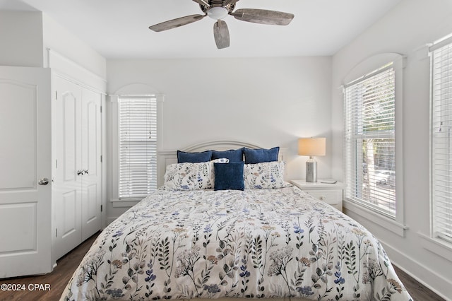 bedroom featuring dark hardwood / wood-style flooring, a closet, and ceiling fan