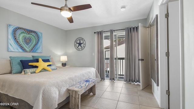 bedroom with light tile patterned floors, a ceiling fan, and access to outside