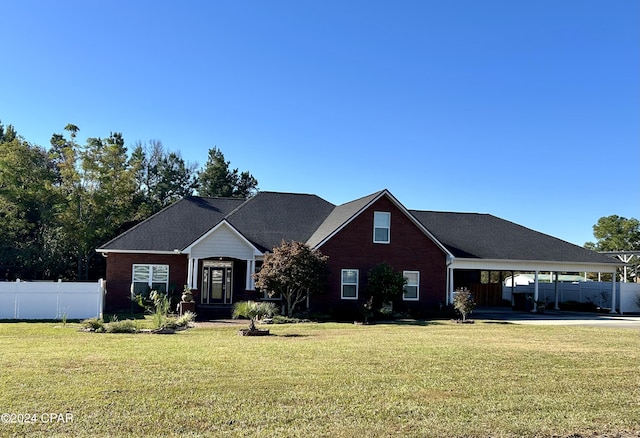 view of front of house featuring a carport and a front lawn