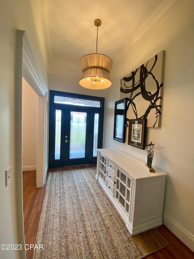 foyer entrance with wood-type flooring and crown molding