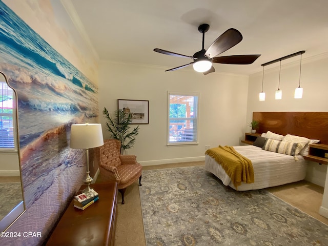 bedroom featuring ceiling fan and ornamental molding