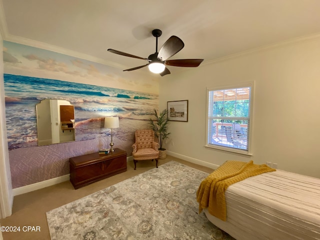 bedroom with ceiling fan and ornamental molding