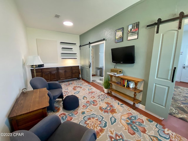 living room with a barn door