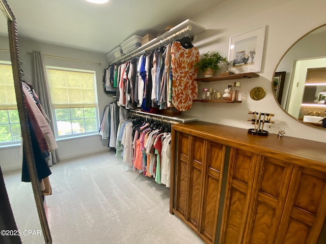 walk in closet with light carpet