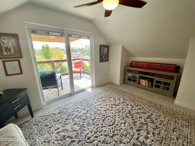 bonus room with light colored carpet, ceiling fan, and lofted ceiling