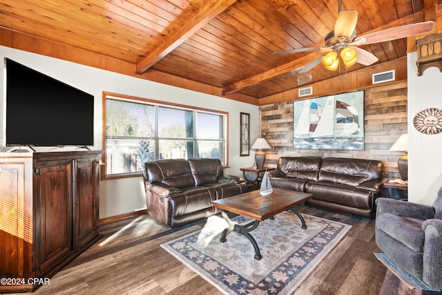 living room featuring dark hardwood / wood-style floors, ceiling fan, wood ceiling, and wooden walls