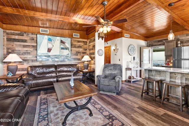 living room featuring wood walls, ceiling fan, dark wood-type flooring, and wooden ceiling