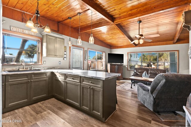 kitchen featuring a healthy amount of sunlight, hardwood / wood-style floors, hanging light fixtures, and sink