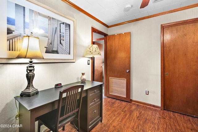 office space with dark hardwood / wood-style flooring, ceiling fan, and ornamental molding