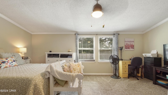 carpeted bedroom with crown molding and a textured ceiling