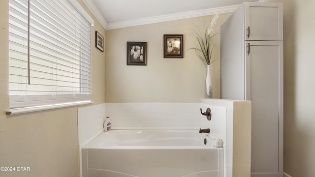 bathroom with ornamental molding and a tub