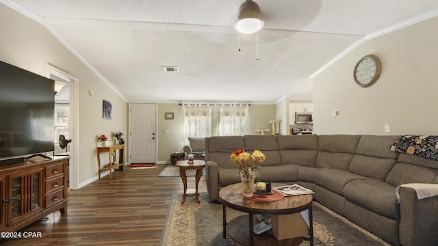 living room with lofted ceiling, ornamental molding, dark hardwood / wood-style flooring, and a textured ceiling