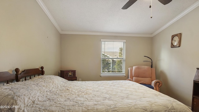 bedroom with ceiling fan, ornamental molding, and a textured ceiling