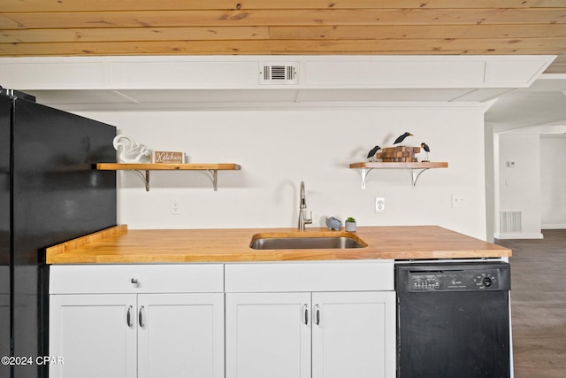 kitchen featuring white cabinets, black appliances, sink, and wood ceiling