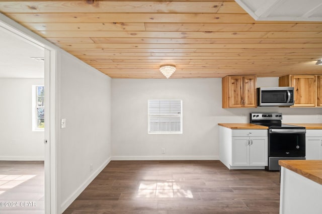 kitchen featuring wood-type flooring, butcher block counters, wood ceiling, white cabinets, and appliances with stainless steel finishes