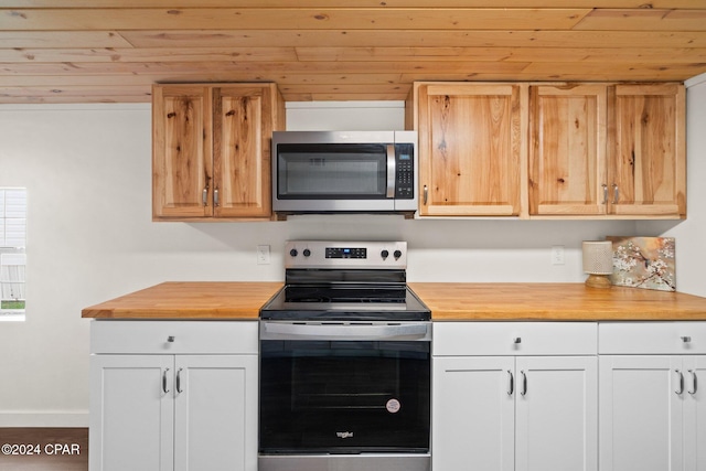 kitchen with white cabinetry, appliances with stainless steel finishes, wood-type flooring, and wooden ceiling