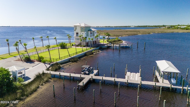 drone / aerial view with a water view