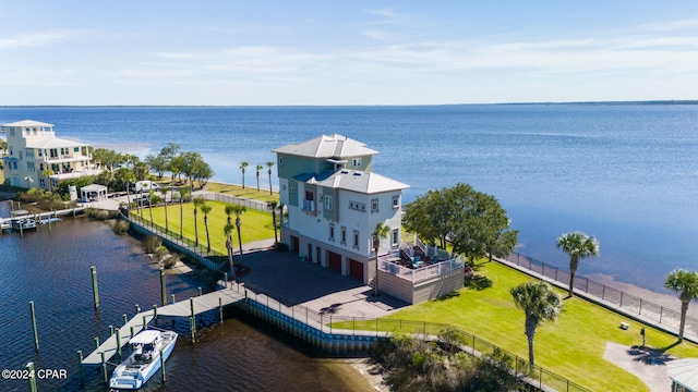 drone / aerial view featuring a water view