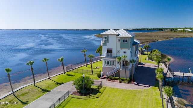 aerial view featuring a water view