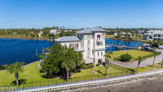 drone / aerial view featuring a water view