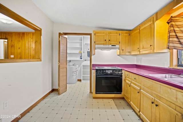 kitchen with black range with electric stovetop, vaulted ceiling, and electric water heater