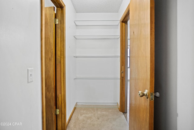 hall with light colored carpet and a textured ceiling