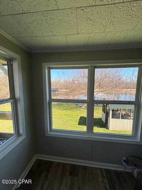 details featuring ornamental molding, a water view, baseboards, and wood finished floors