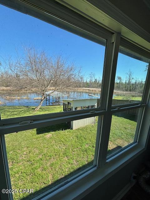 interior space with a water view