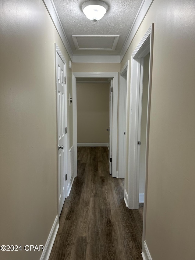 2849 Miltonia Ave, Marianna, FL 32448 - hall with attic access, dark wood-style floors, a textured ceiling, and baseboards