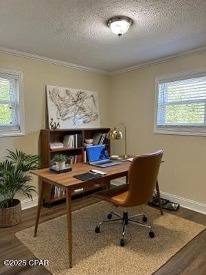 2849 Miltonia Ave, Marianna, FL 32448 - office featuring ornamental molding, wood finished floors, baseboards, and a textured ceiling