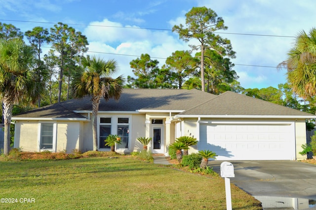 ranch-style home with a garage and a front yard