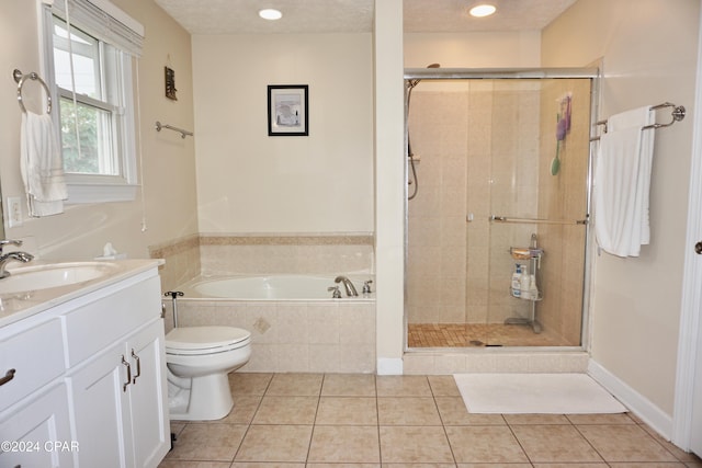 full bathroom featuring independent shower and bath, a textured ceiling, and tile patterned floors